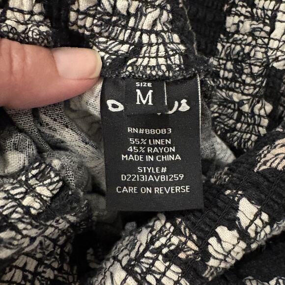 DaHui Hawaii Pants Womens Medium Black White Floral Wide Leg Linen Blend Smocked - Picture 14 of 16